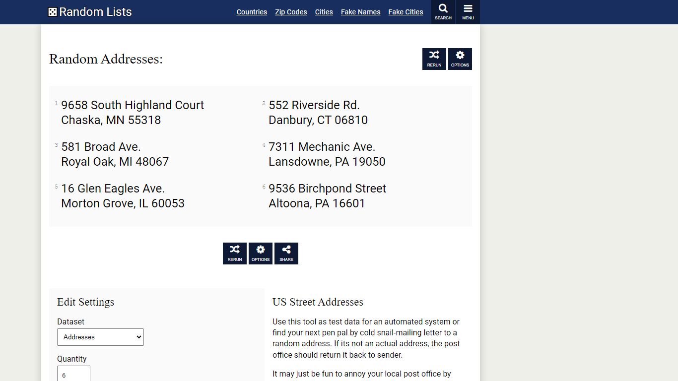 Random US Street Address — Fake address generator - Random Lists